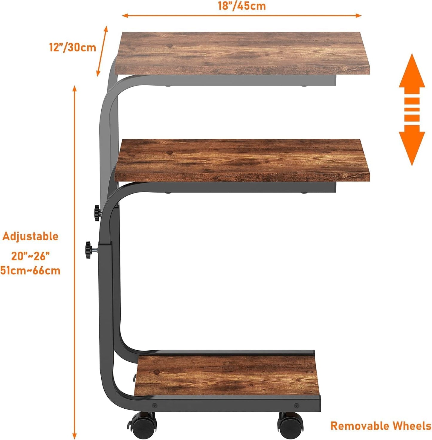 Side Table Height Adjustable End/Bedside Table with 4 Wheels for Sofa bedroom Rustic Brown