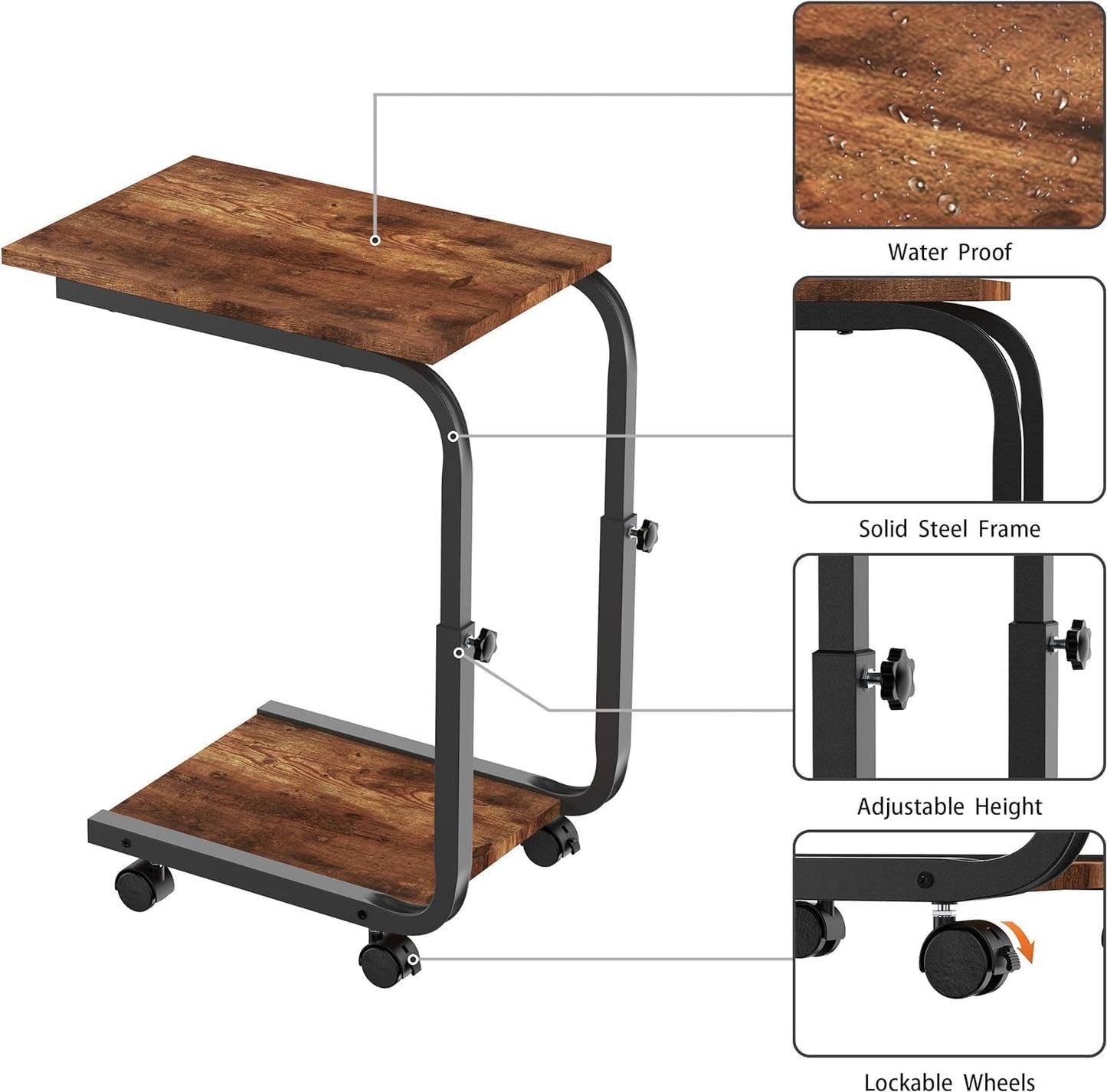 Side Table Height Adjustable End/Bedside Table with 4 Wheels for Sofa bedroom Rustic Brown