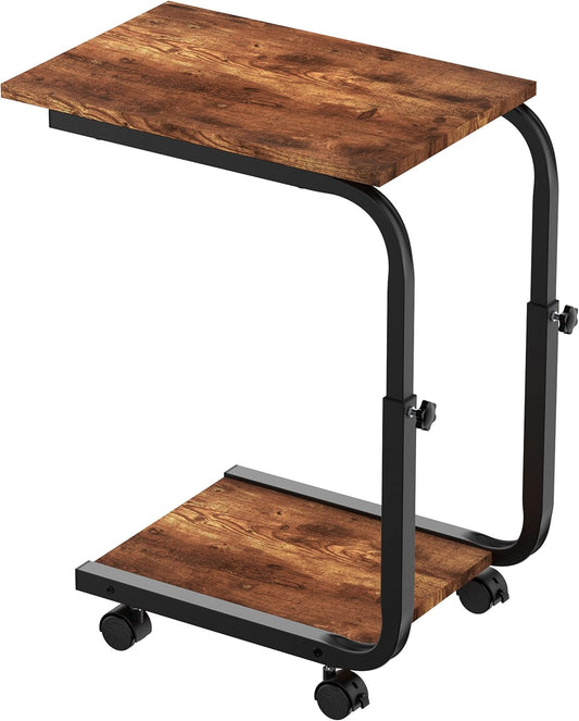 Side Table Height Adjustable End/Bedside Table with 4 Wheels for Sofa bedroom Rustic Brown