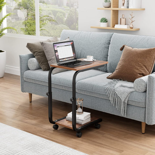 Side Table Height Adjustable End/Bedside Table with 4 Wheels for Sofa bedroom Rustic Brown